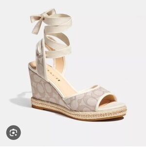 Coach Page Beige Patterned Wedge Sandals.